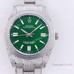 Swiss Quality Replica Rolex Oyster Perpetual Wrist Green Dial Iced Out Diamond 41mm